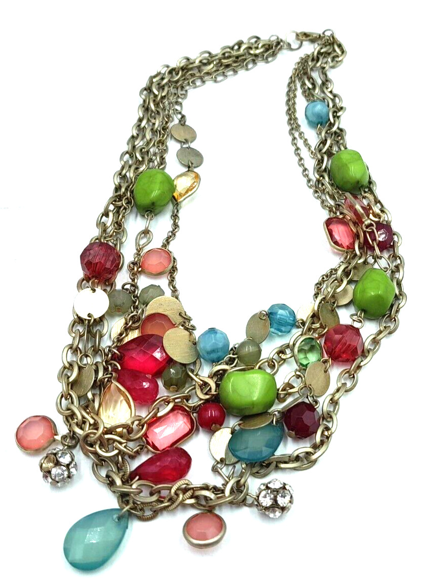 VTG Green Blue Red Pink Acrylic Beads Rhinestone Gold Tone 18″ Multi Necklace