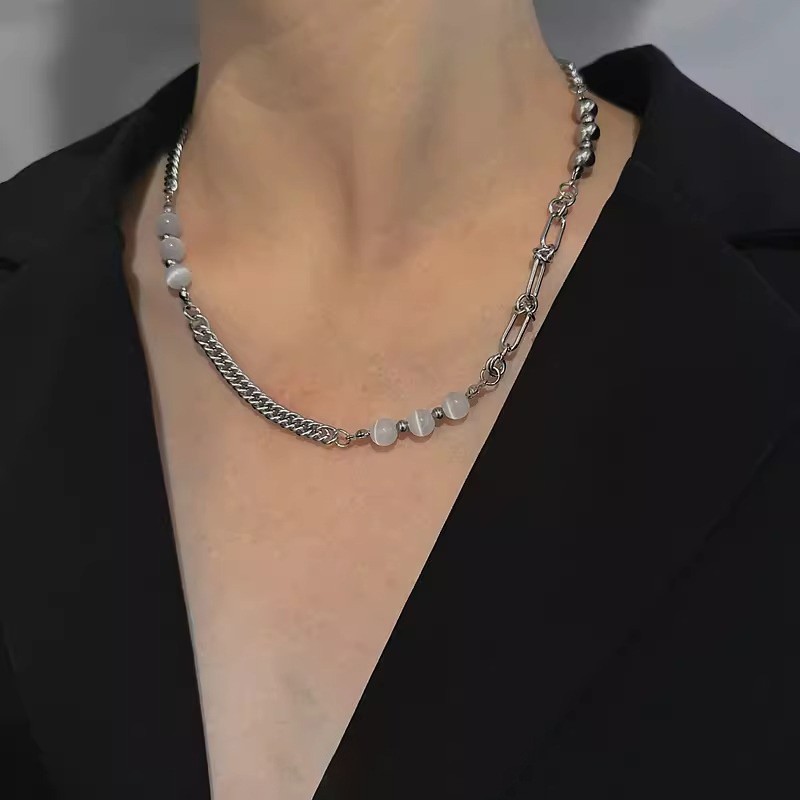 Silver Titanium Steel Alloy Spliced Chain Necklace Stone Beads Minimalist Street