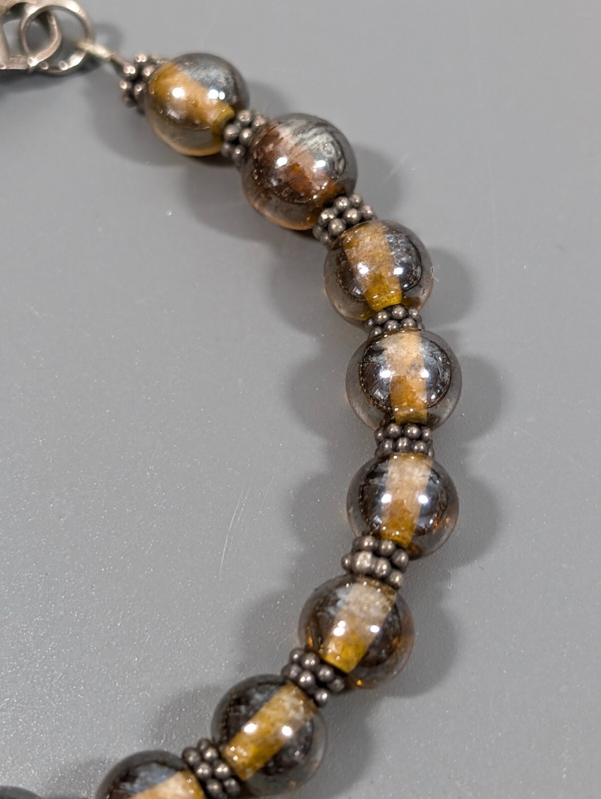 Boho Western Brown Iridescent Glass Round Bead Bracelet Sterling Clasp 6.5 in