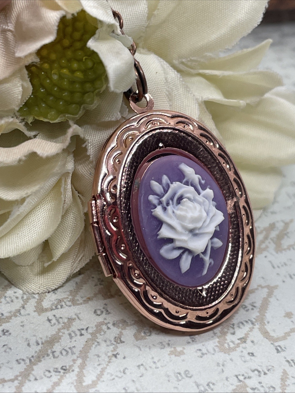 Dainty Rose Gold Locket Cameo Purple Whit Wedding Jewelry Gift Birthday Necklace