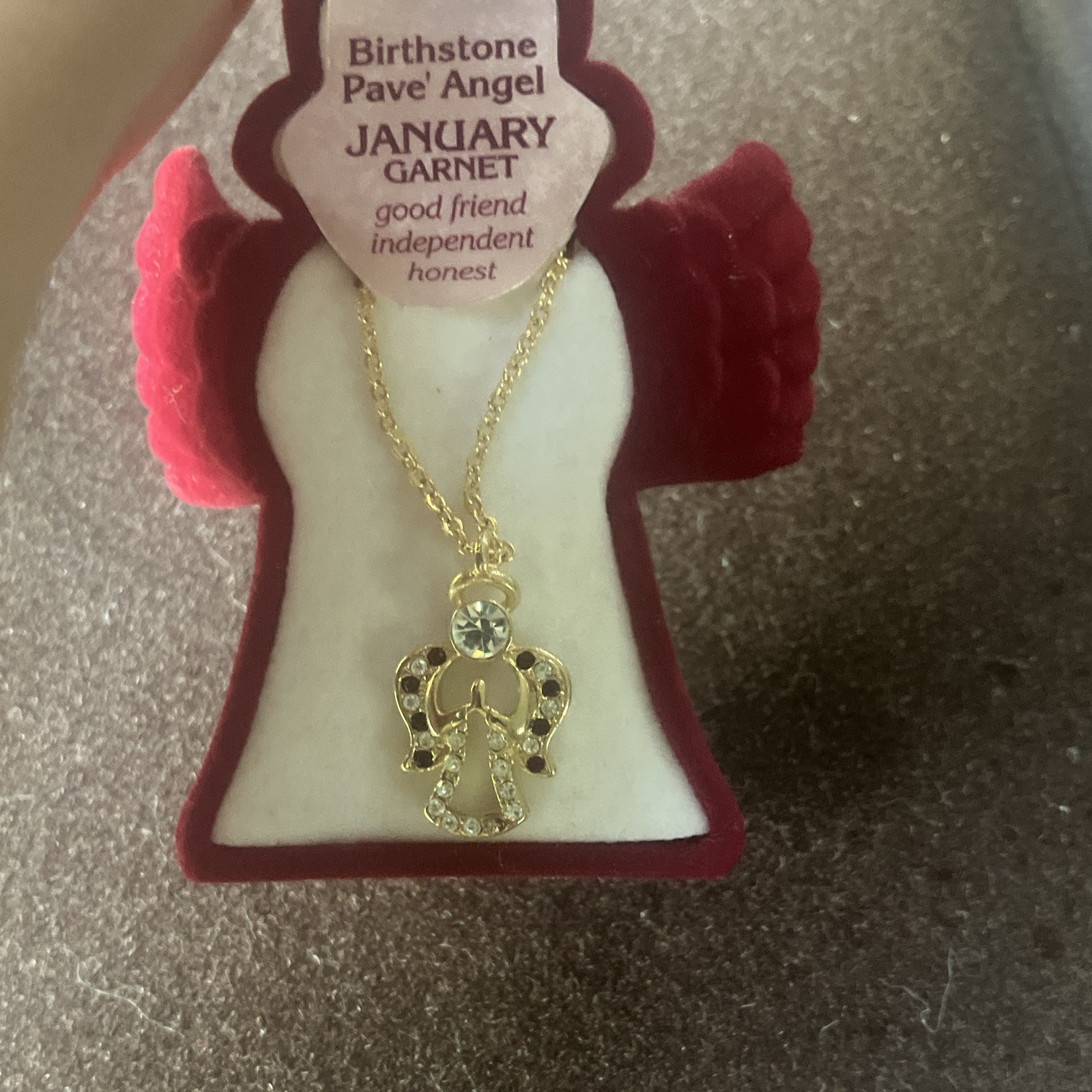 Gold Tone Pavé Angel Charm Pendant Necklace Clear Crystal Garnet Red Cable