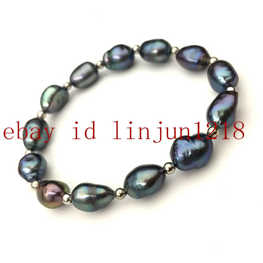 Natural 9-10mm Tahitian Cultured Freshwater Black Pearl Bracelet 7.5” AAA