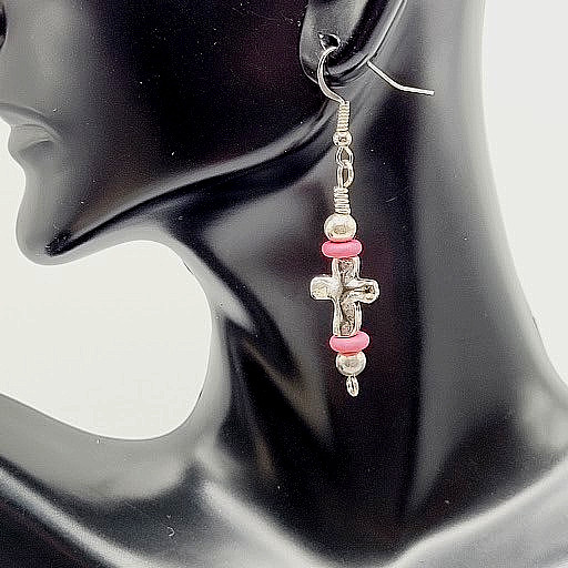 Southwestern Silver Tone Cross w Pink Ceramic Bead Metal Hook Pierced Earrings