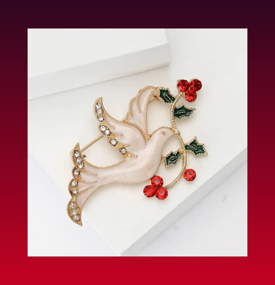 WHITE DOVE OF PEACE SIGN~EASTER ANGEL~ENAMEL & RHINESTONE PIN BROOCH~VINTAGE-D