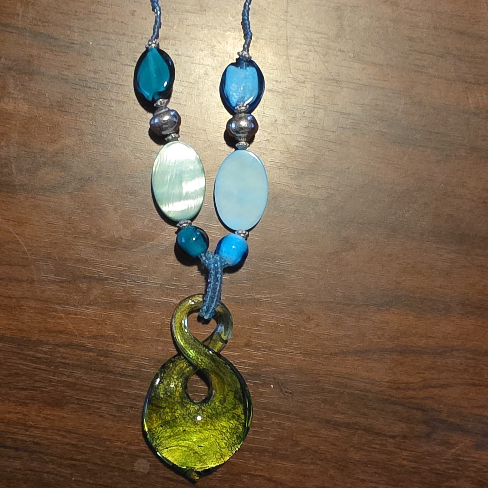 Blue Glass Shell Beaded Teardrop Charm Pendant Necklace Adjustable 16-20in