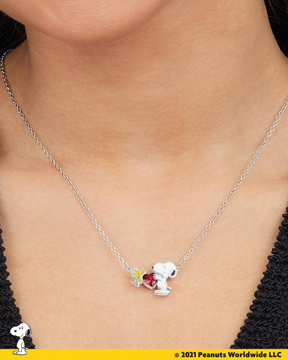 Peanuts Official Snoopy and Woodstock Necklaces, Silver Flash-Plated with Red Cr