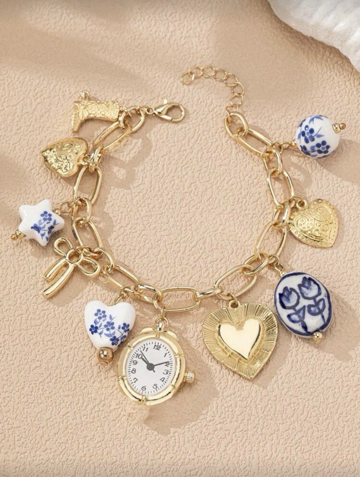Gold Charm Bracelet with Clock, Heart, Bow, Ceramic Beads, Cowgirl Boot Jewelry