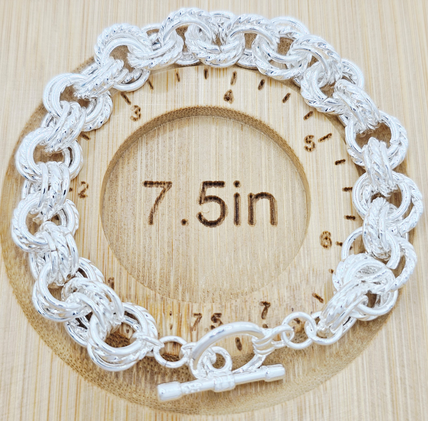 Bracelet 8 in 925 Sterling Silver Charm Round Link Chain Interlocking Many Rings