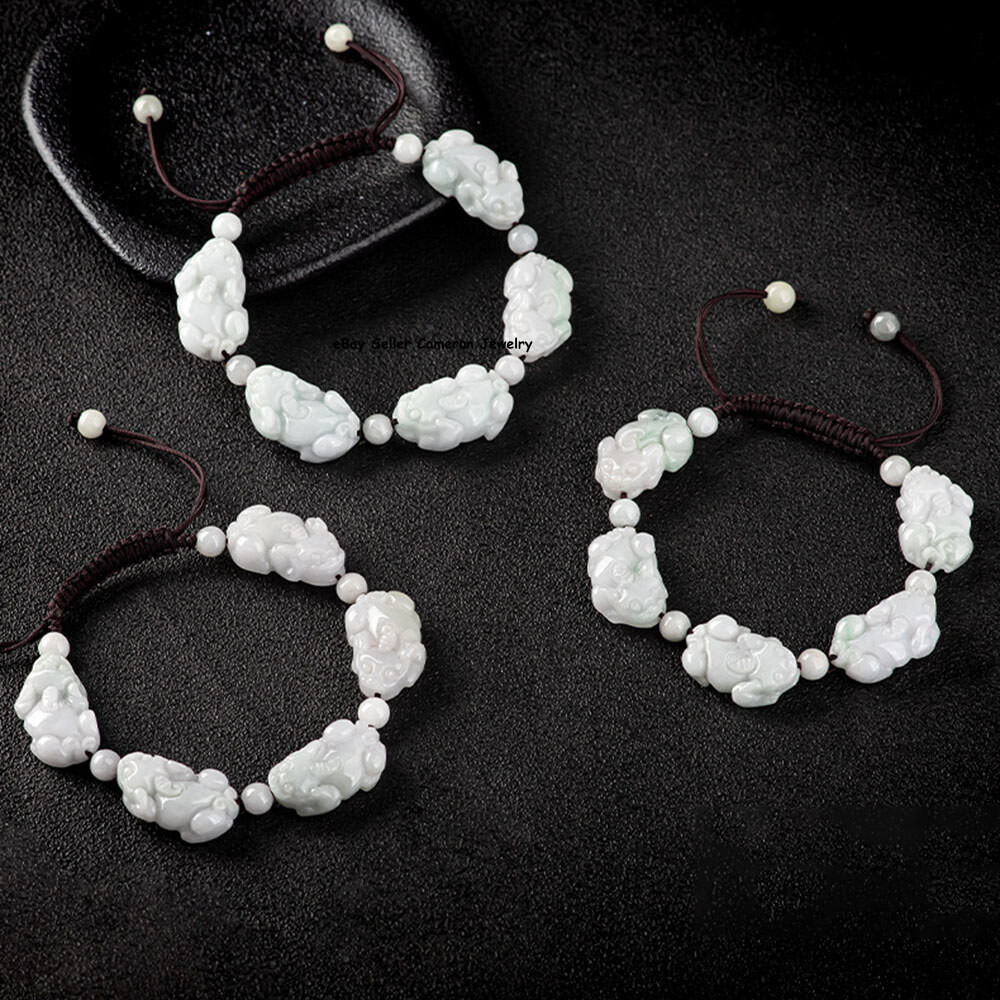 Real Grade A Natural White Jade Jadeite Unisex Lucky 5pcs Pixiu Beads Bracelet