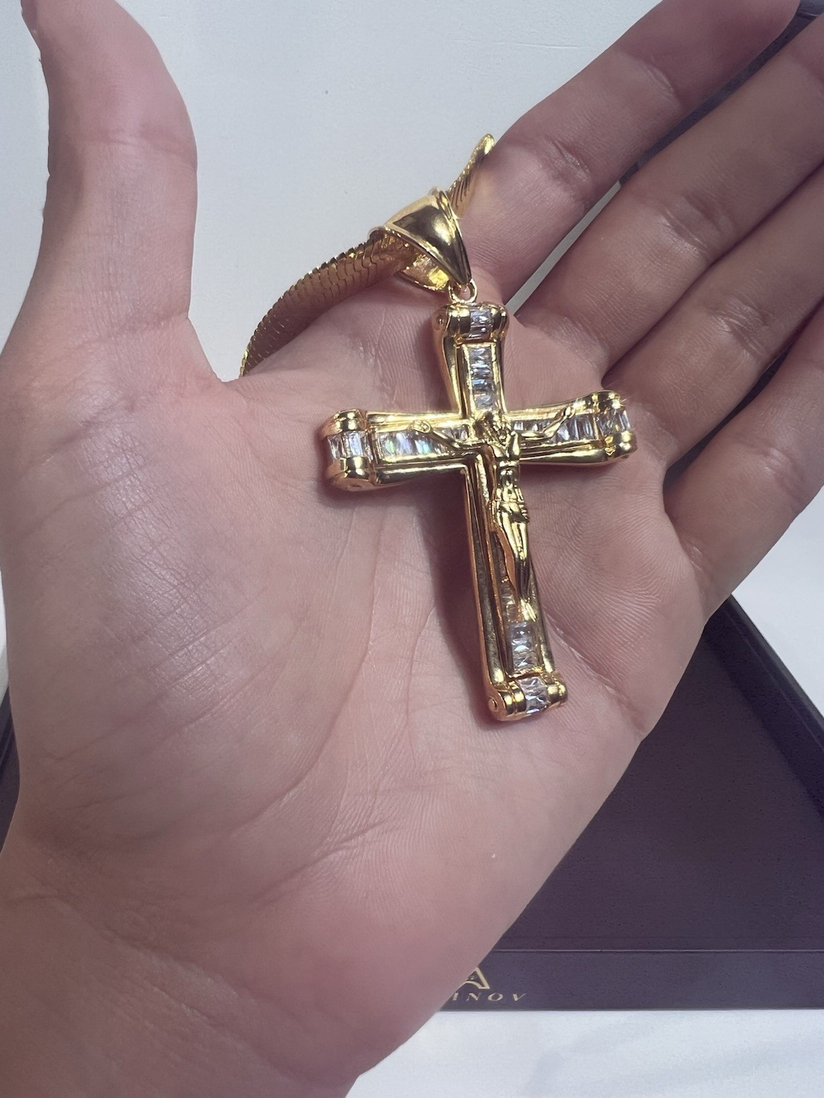 Gold Plated, Cross, Pendant, Necklace, Cubic, Zirconia, Cz Herringbone Chain