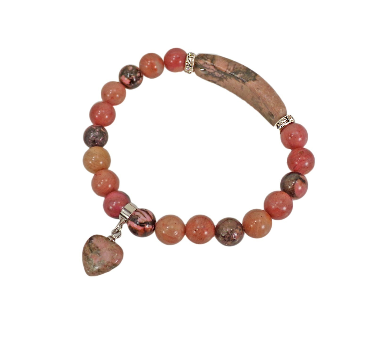 Pink heart charm bracelet made in rhodonite stone beads and crystal spacer beads