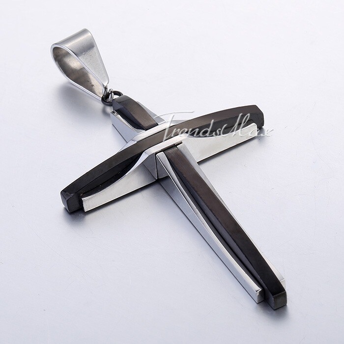 Mens Silver+Black Stainless Steel Cross Pendant Necklace 18-30″ Cuban Curb Chain