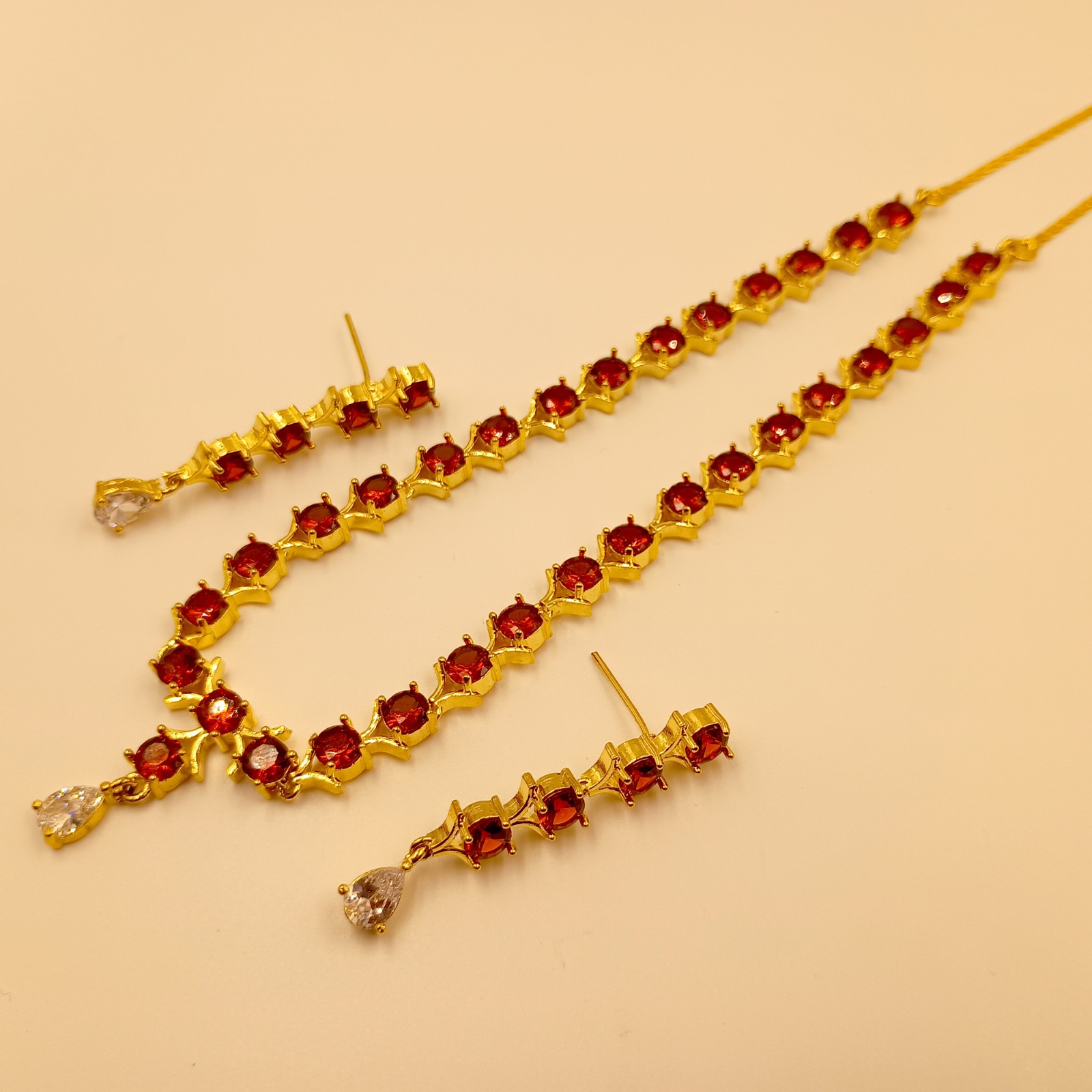 22K Gold Plated Rubellite Tourmaline Necklace Set Traditional Indian Choker Gift