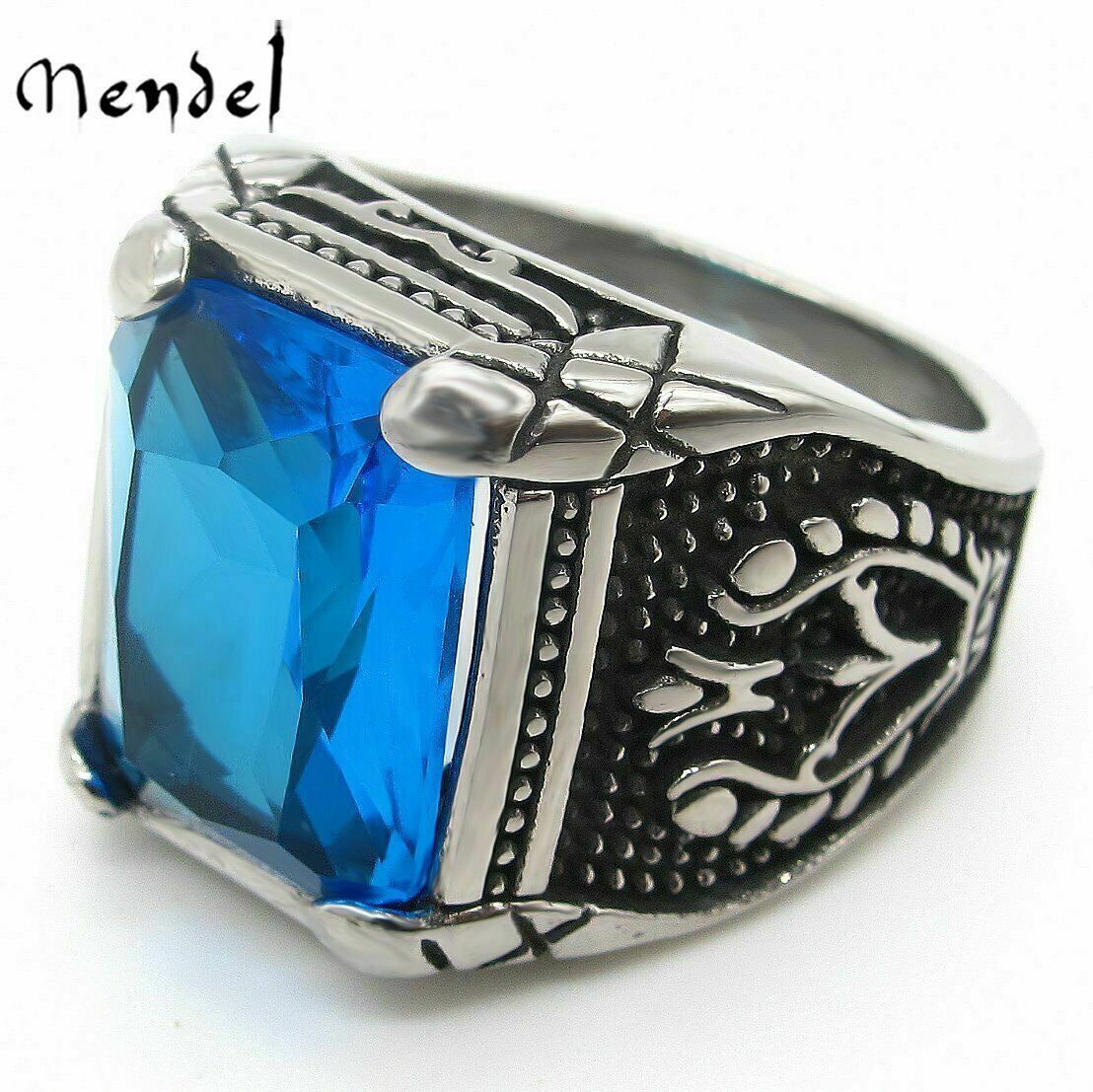 MENDEL Mens Blue CZ Aquamarine Square Stone Ring Stainless Steel Size 7 8 9-15