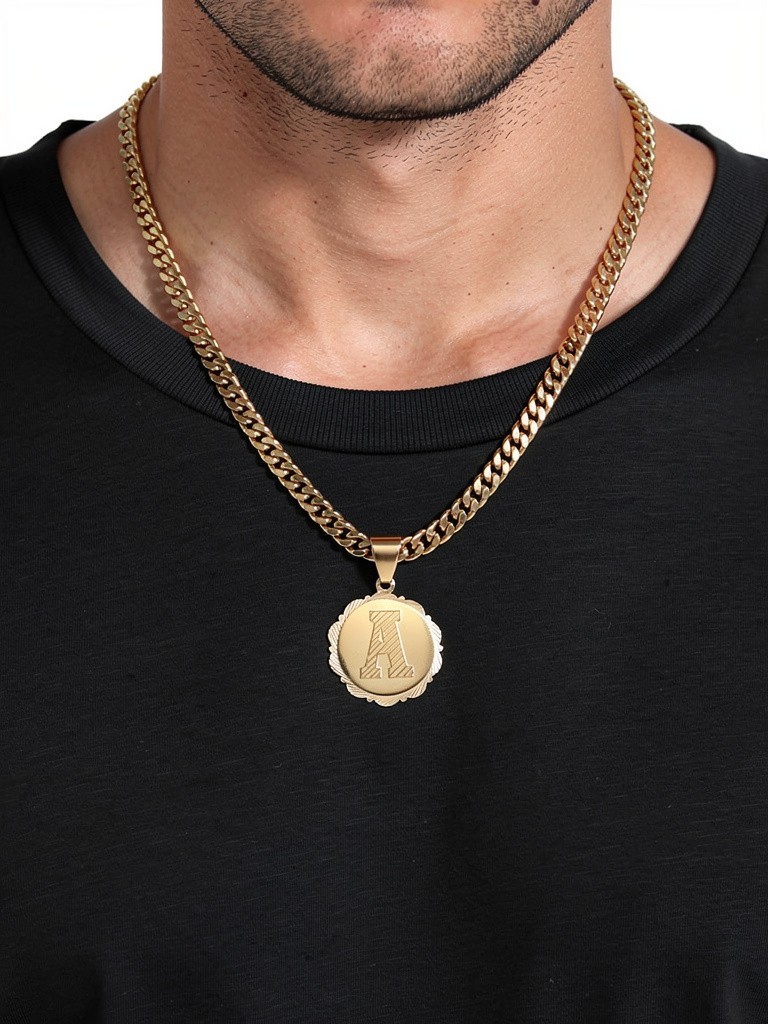 Gold Initial Necklace, 14k Heavy Plated Gold, 7mm Curb Chain For Men