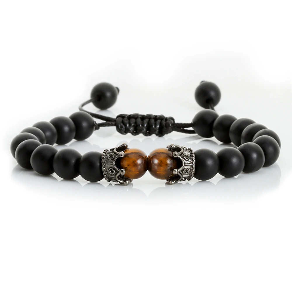Handmade Adjustable Braided Bracelet Black Lava Stone Crown Tiger Eye Beads