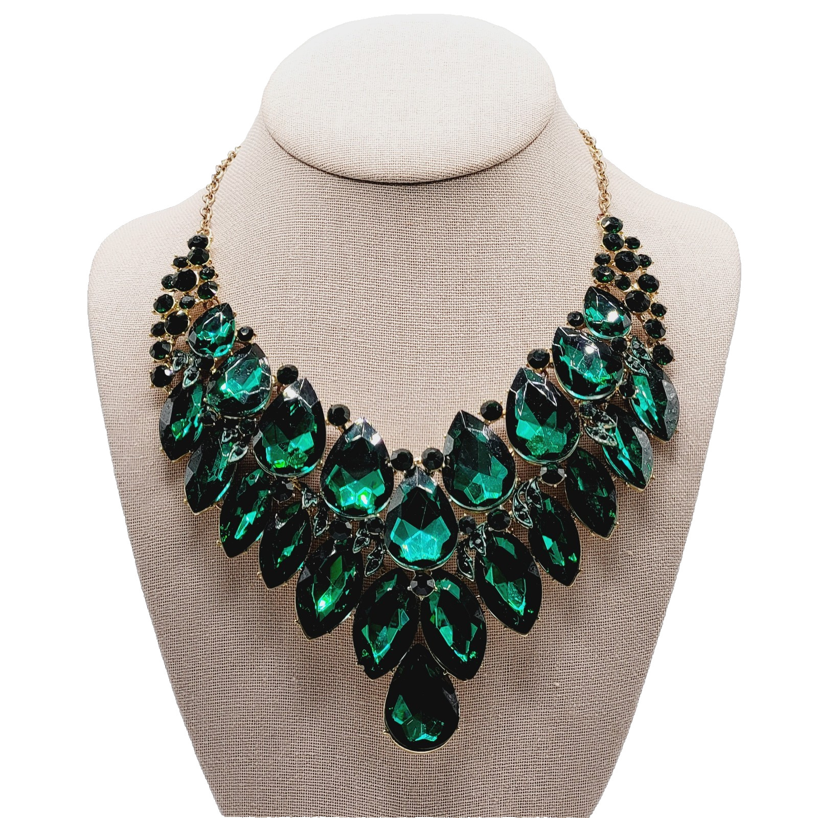 Christina Collection Green Faceted Glass Rhinestone Gold Tone Formal Necklace