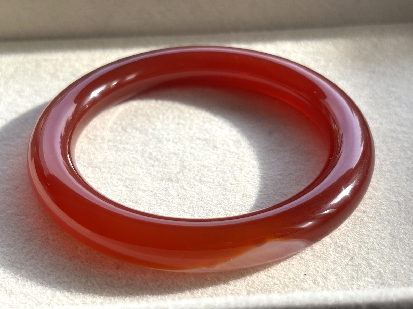 57mm Chunky Carnelian Red Agate Bangle 10.5mm Full Round with White Cloud Accent