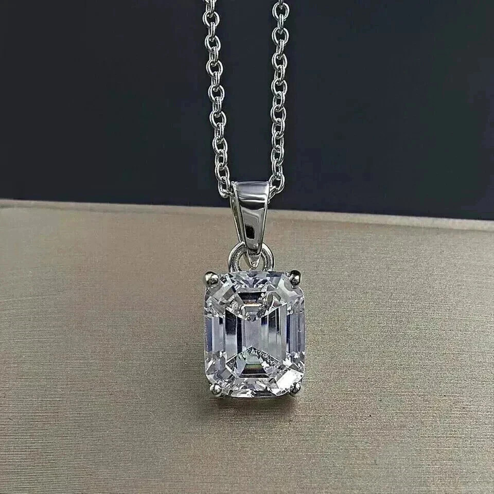 14k White Gold Plated 2.00 Ct Asscher Cut Simulated Solitaire Diamond Pendant