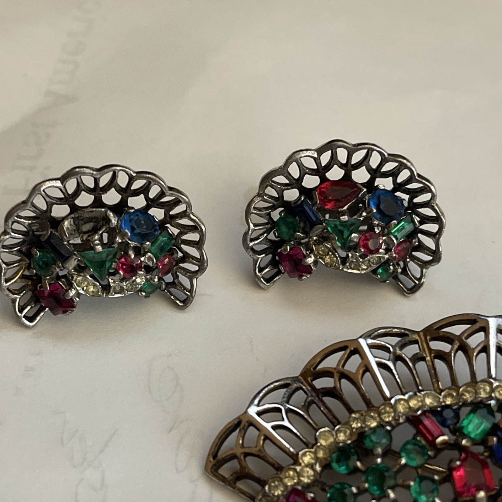 Trifari Fan-Shaped Rhinestone Brooch Pin with matching earrings