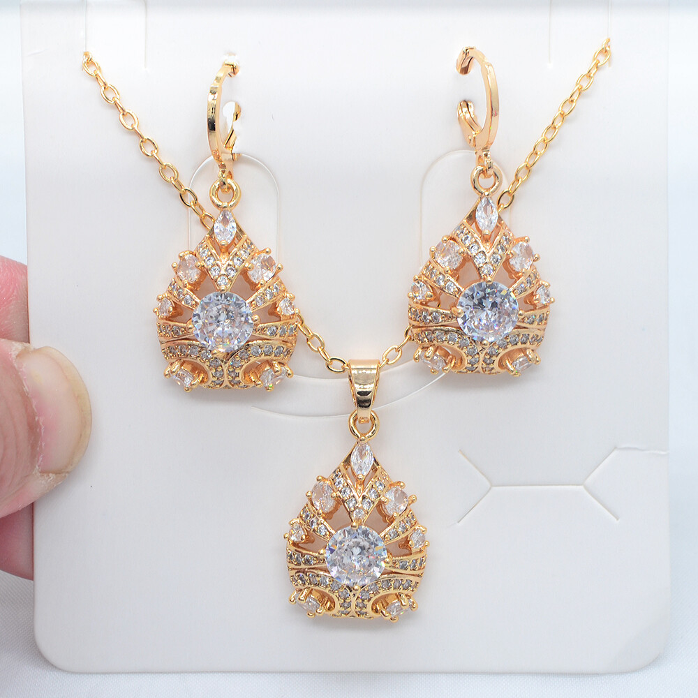 18K Yellow Gold Filled Green Topaz Water Drop Earrings & Pendant Jewelry Set