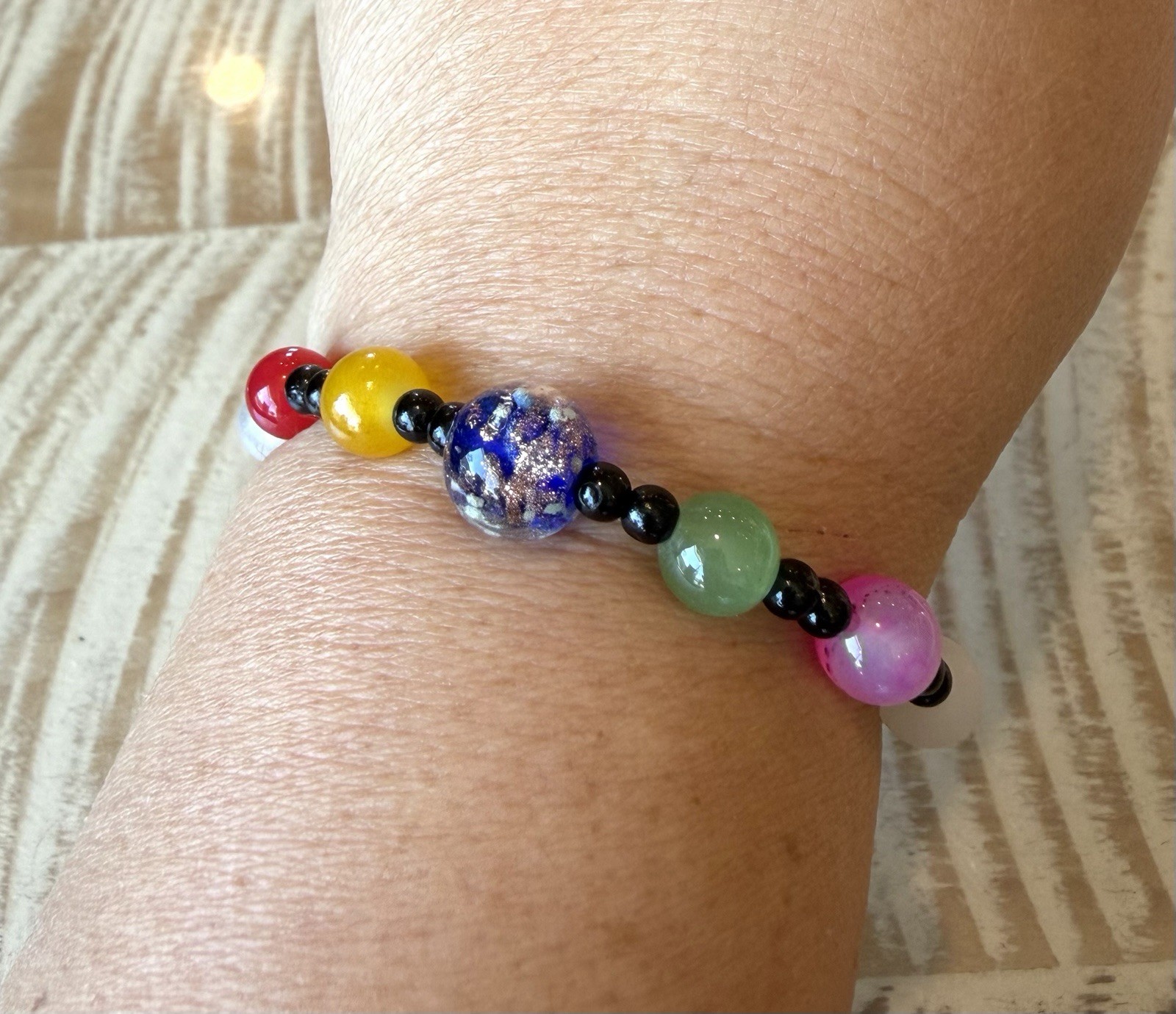 Multicolor Beaded Stretch Bracelet Cherry Fruit Dangle Charm Stone Glass