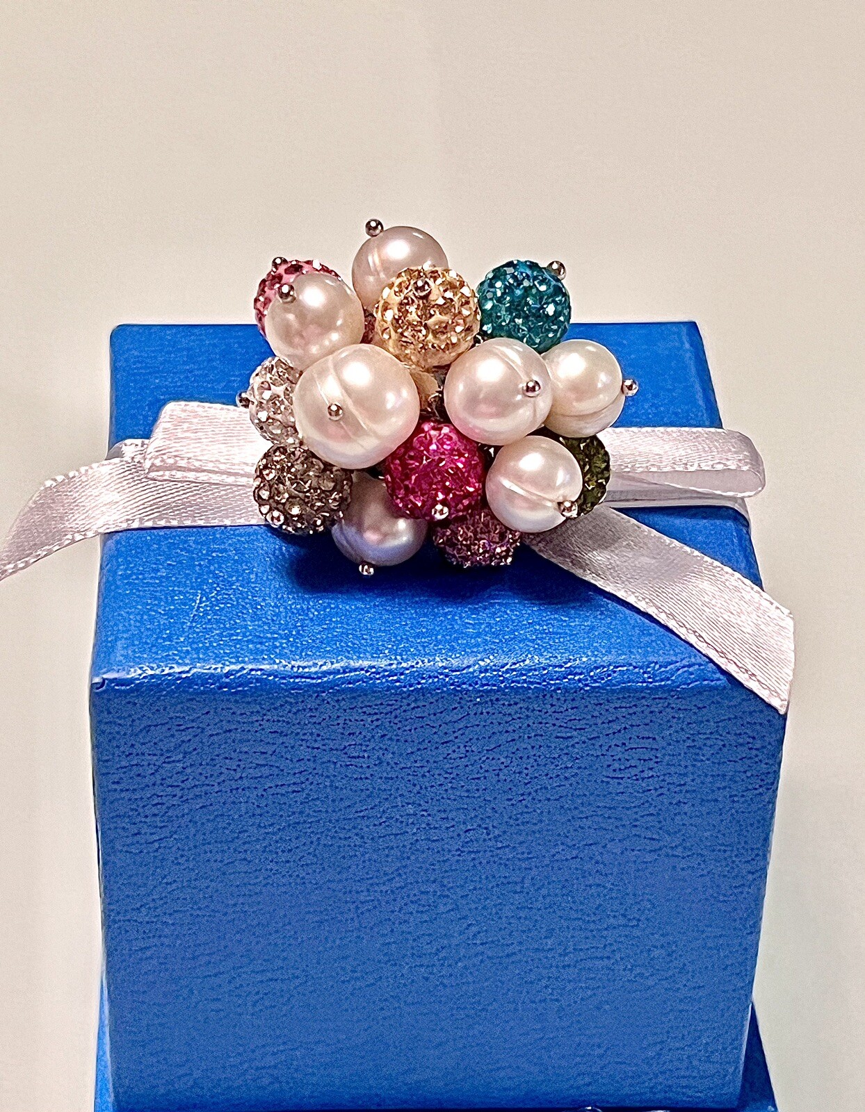 ROSS SIMONS~925 SS PEARLS W COLORED CRYSTAL BALL CLUSTER RING~SZ 7.25~15.7G