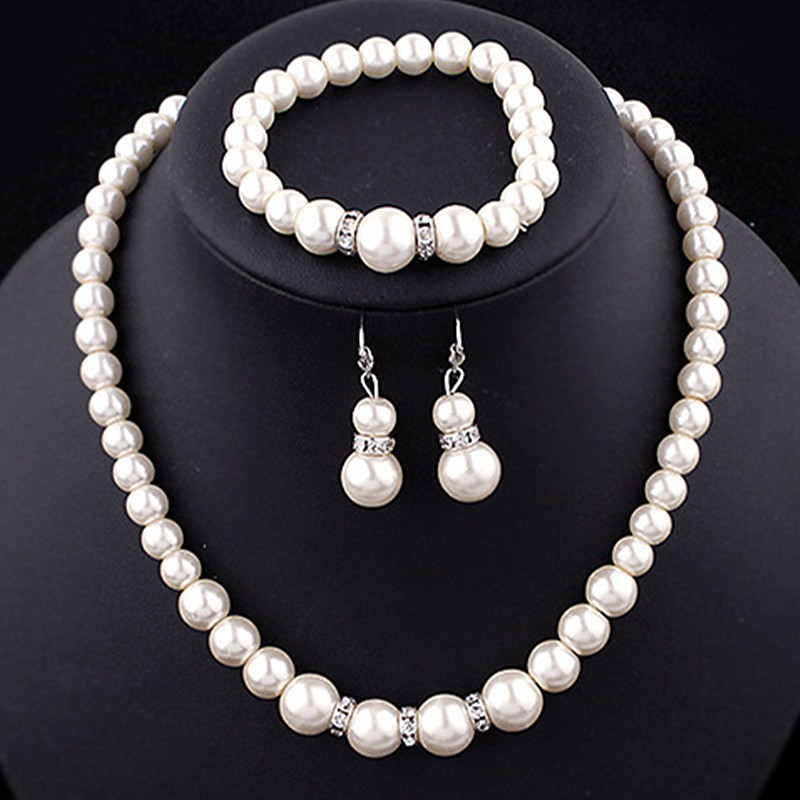 Women’s Wedding Bridal Gold Silver Plated Sz Ct Round Simulated Pearl Set