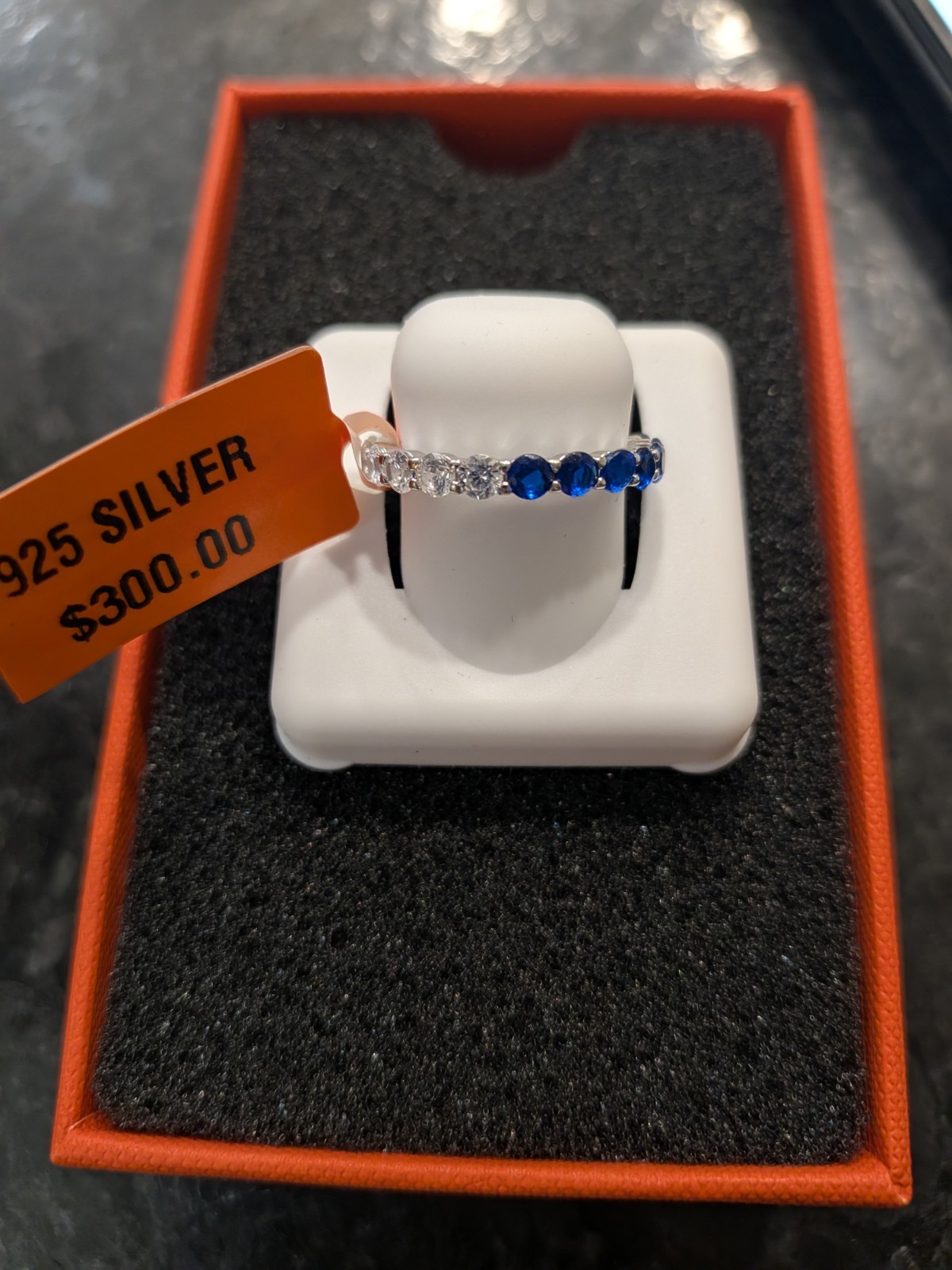 Blue & White CZ Eternity Band, 925 Sterling Silver, Stackable Ring Size 7