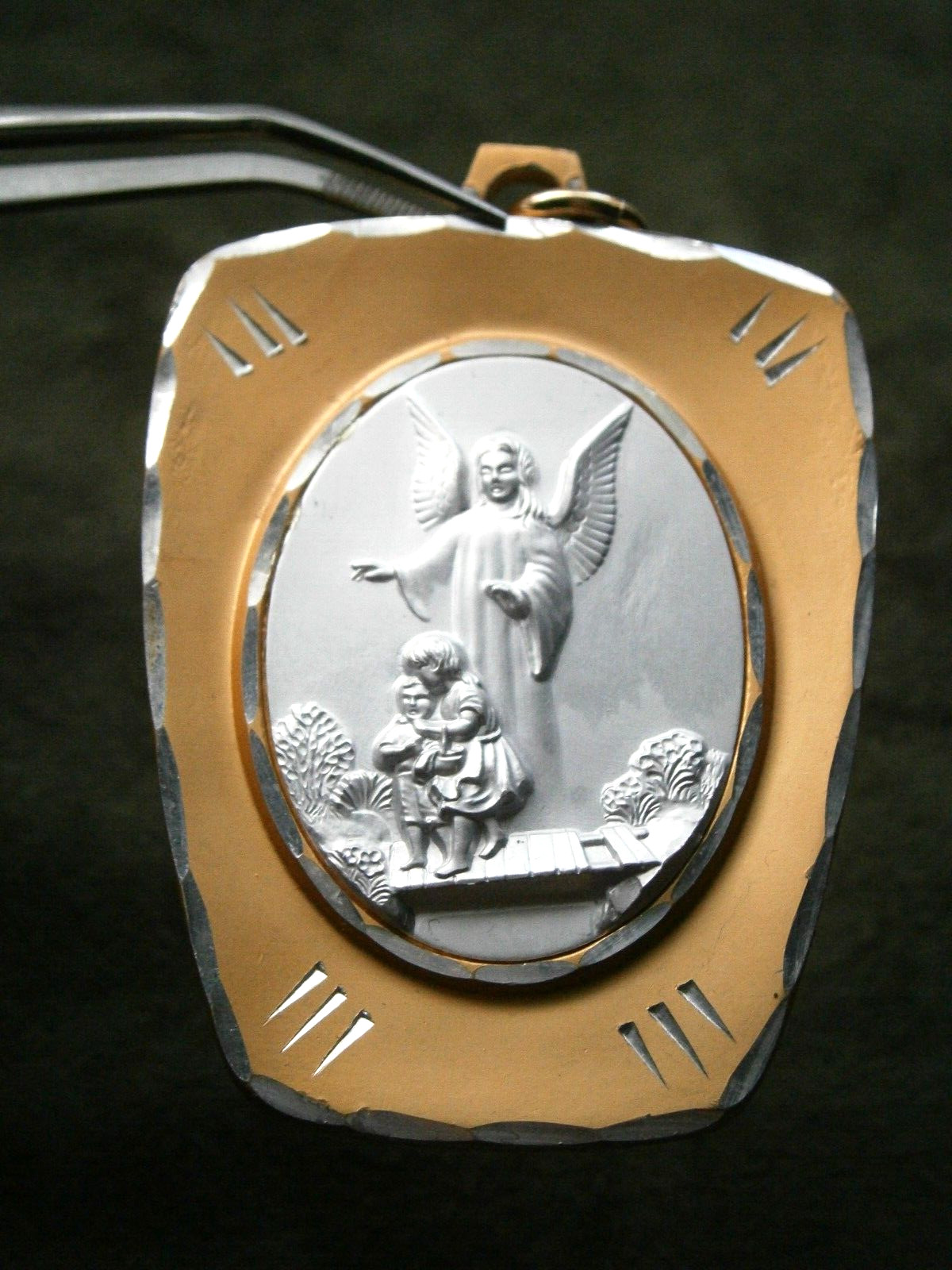 Large Guardian Angel Vintage Goldtone & Silvertone Pendant ~ Germany ~ 13.1g