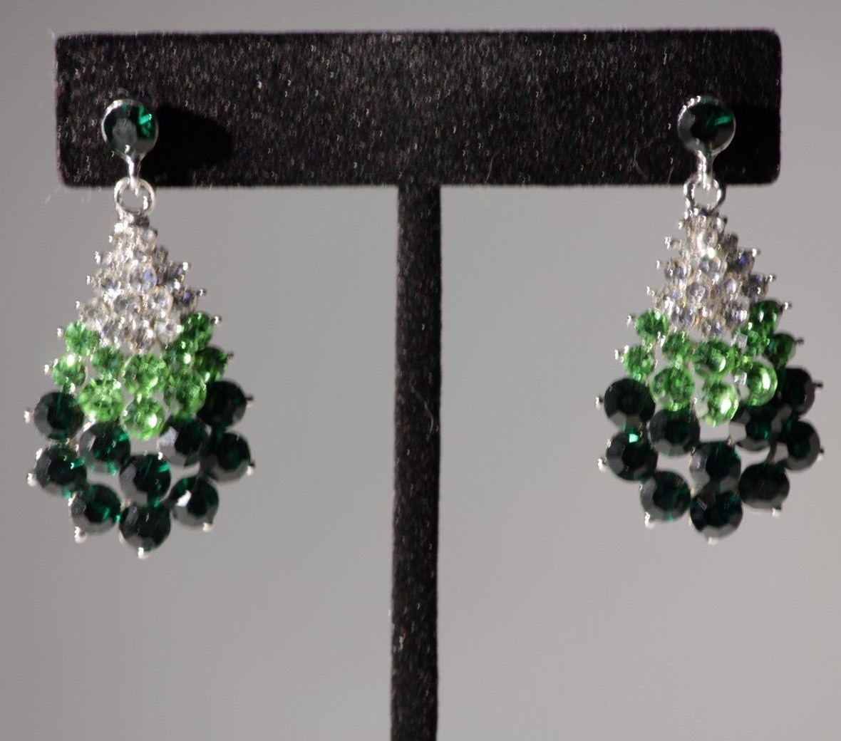 Pierced Earrings Crystal Super Bling 1 5/8 inch Green Peacock Style Wedding NEW
