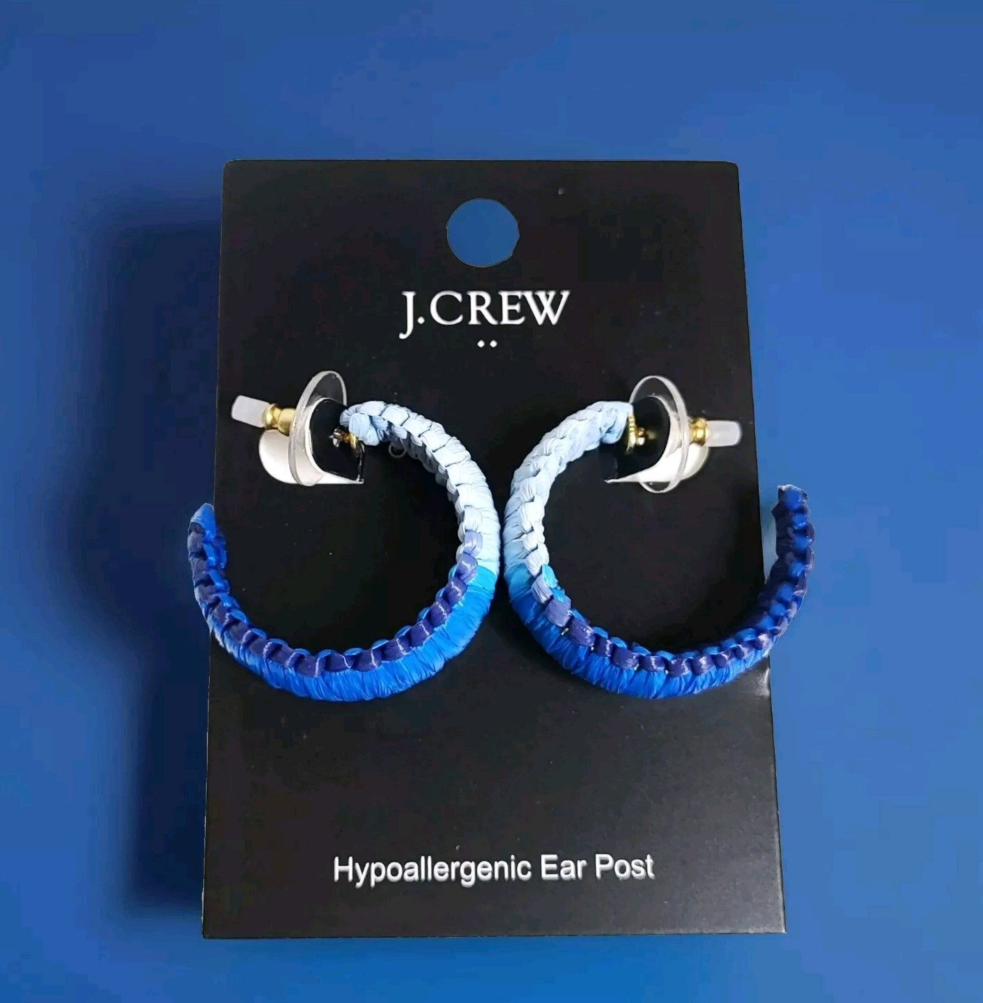 J.Crew Factory Raffia Wrapped Hoop Earrings Blue Ombre Multi Hypoallergenic NWT