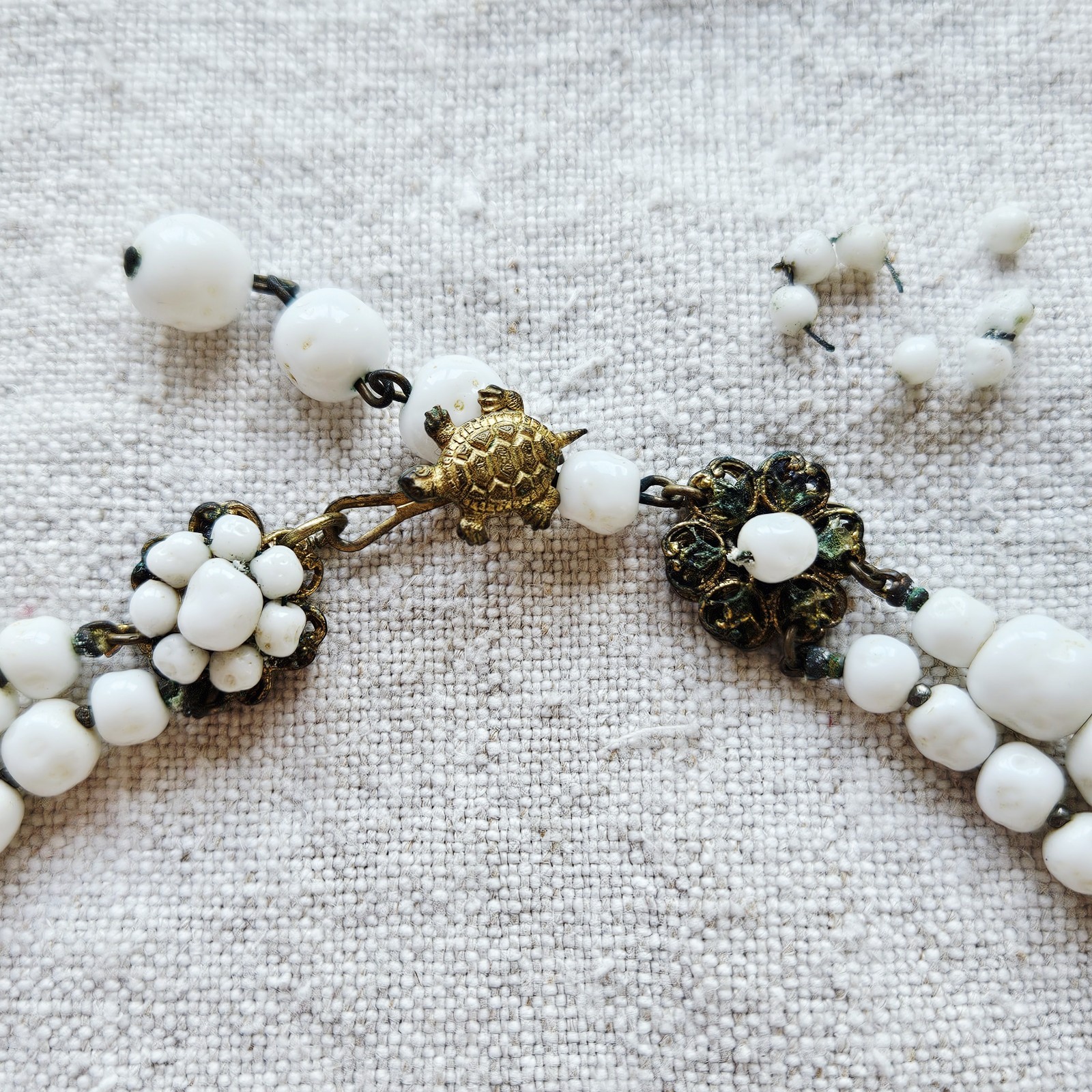 Unsigned Miriam Haskell Floral Pendant Double Strand Milk Glass Beaded Necklace