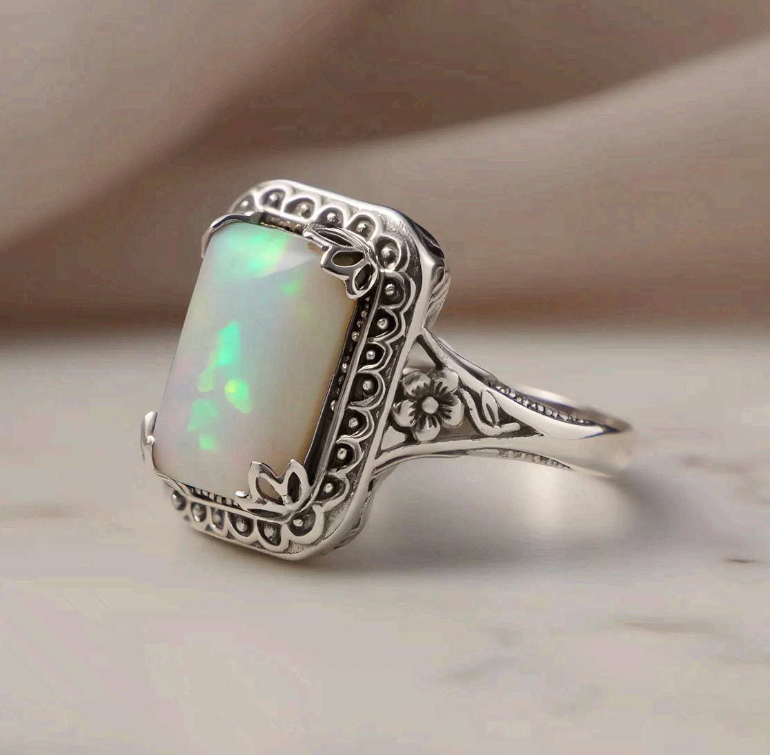 Opal Statement Ring Stainless Steel Rectangle White Green Fire Vintage Style