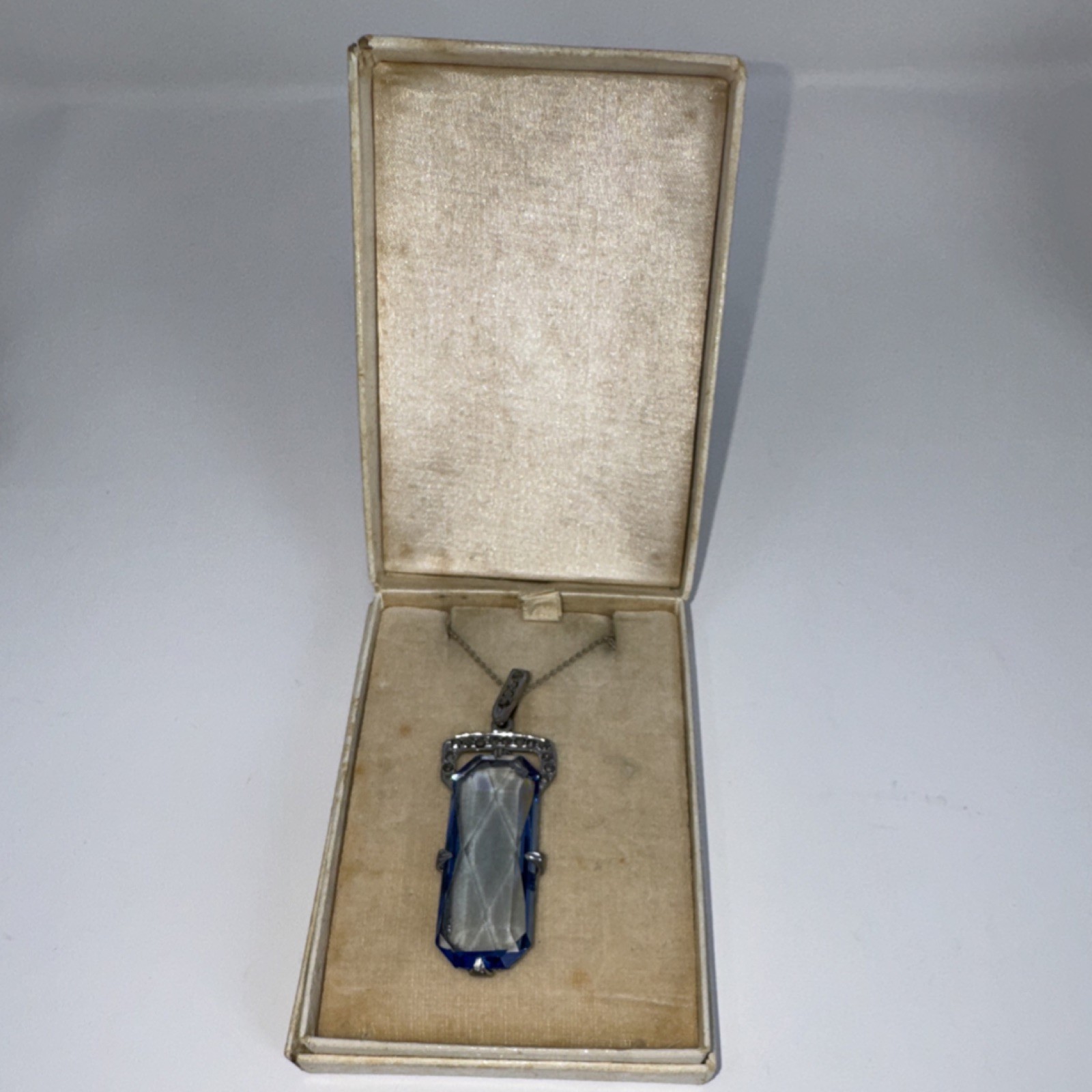 Vintage Blue Spinel Glass Emerald Cut Rectangle Pendant 16″ Silver Chain