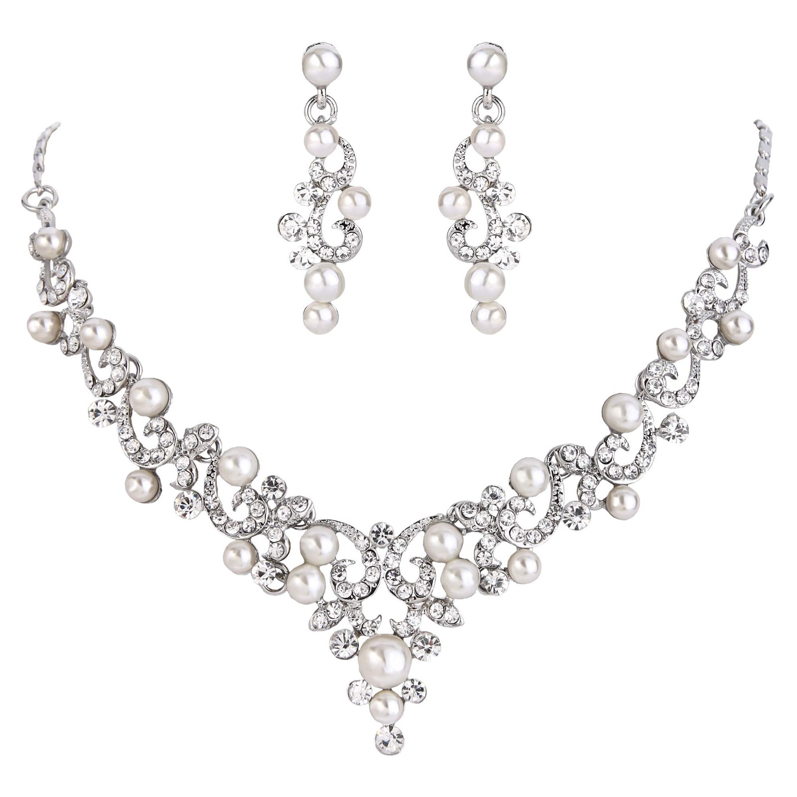 Wedding Bridal Simulated Pearl Necklace Earrings Jewelry Set for Women Filigr…