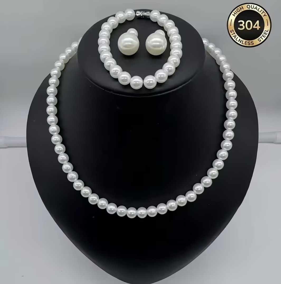 Imitation Pearl Set: Necklace Bracelet Earrings, Stainless Steel
