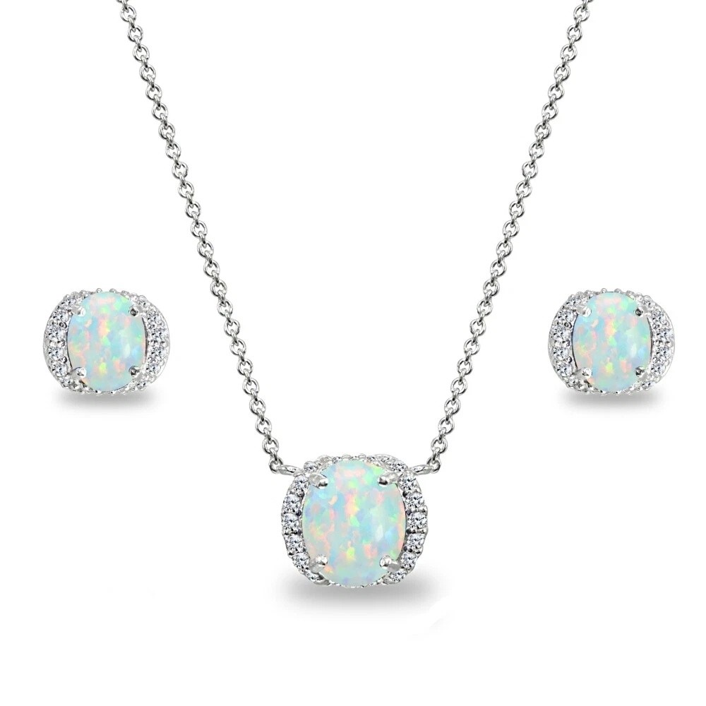 Oval Synthetic White Opal 925 Silver Stud Earrings & Necklace Set w. CZ Accents