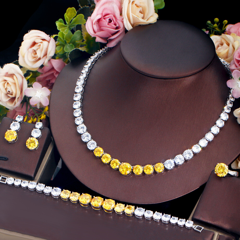 Silver Plated CZ Yellow Big Round Wedding Jewelry Necklace Earrings Bracelet Set