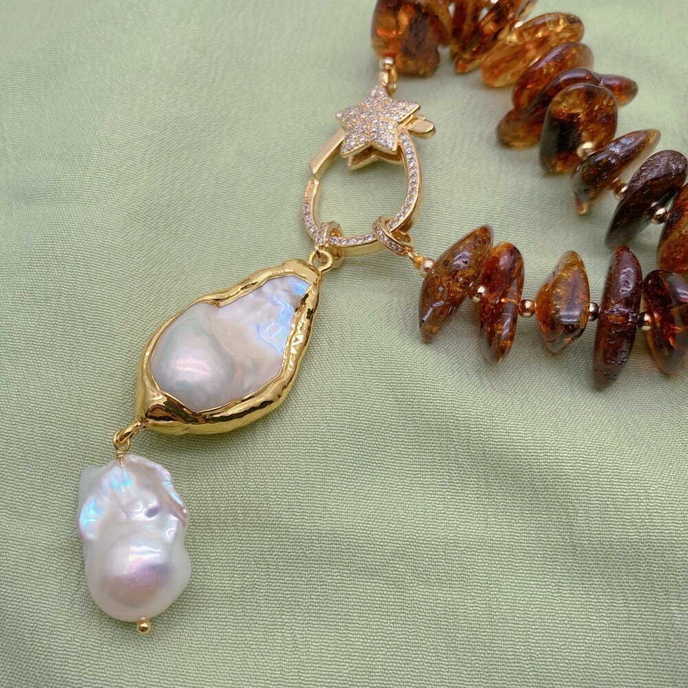 Natural Amber Necklace Cultured White Baroque Pearl Pendant