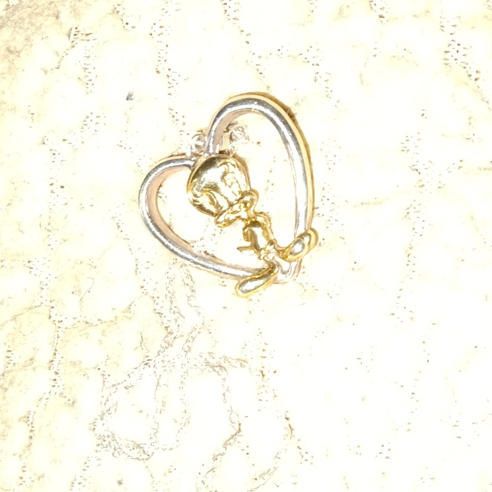 Silver Tone Heart Charm Pendant Necklace, Rope Chain, Gold Tone Cartoon Charm