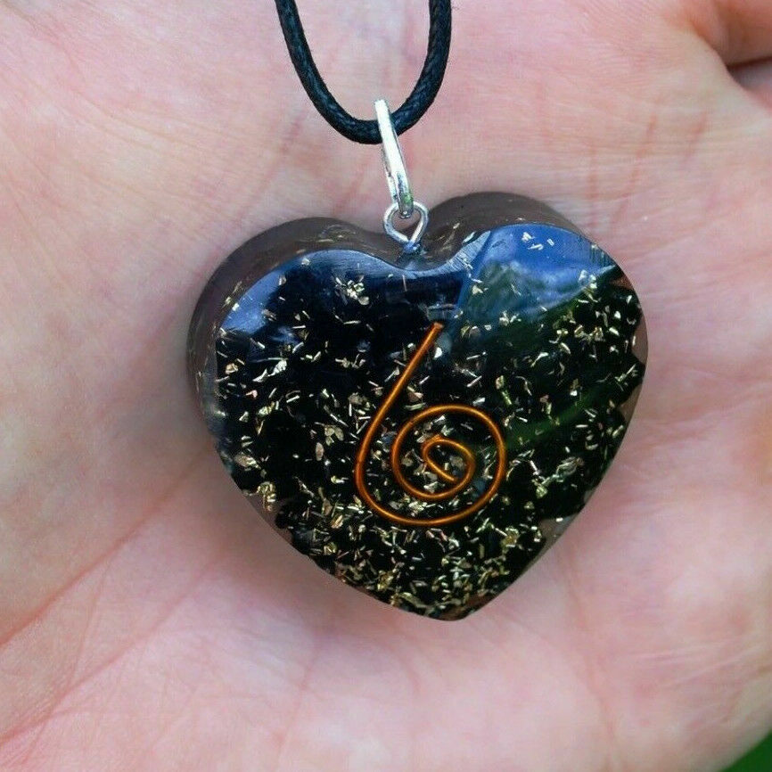 Natural Black Tourmaline Necklace Orgonite Crystal Heart Orgone Energy Pendant