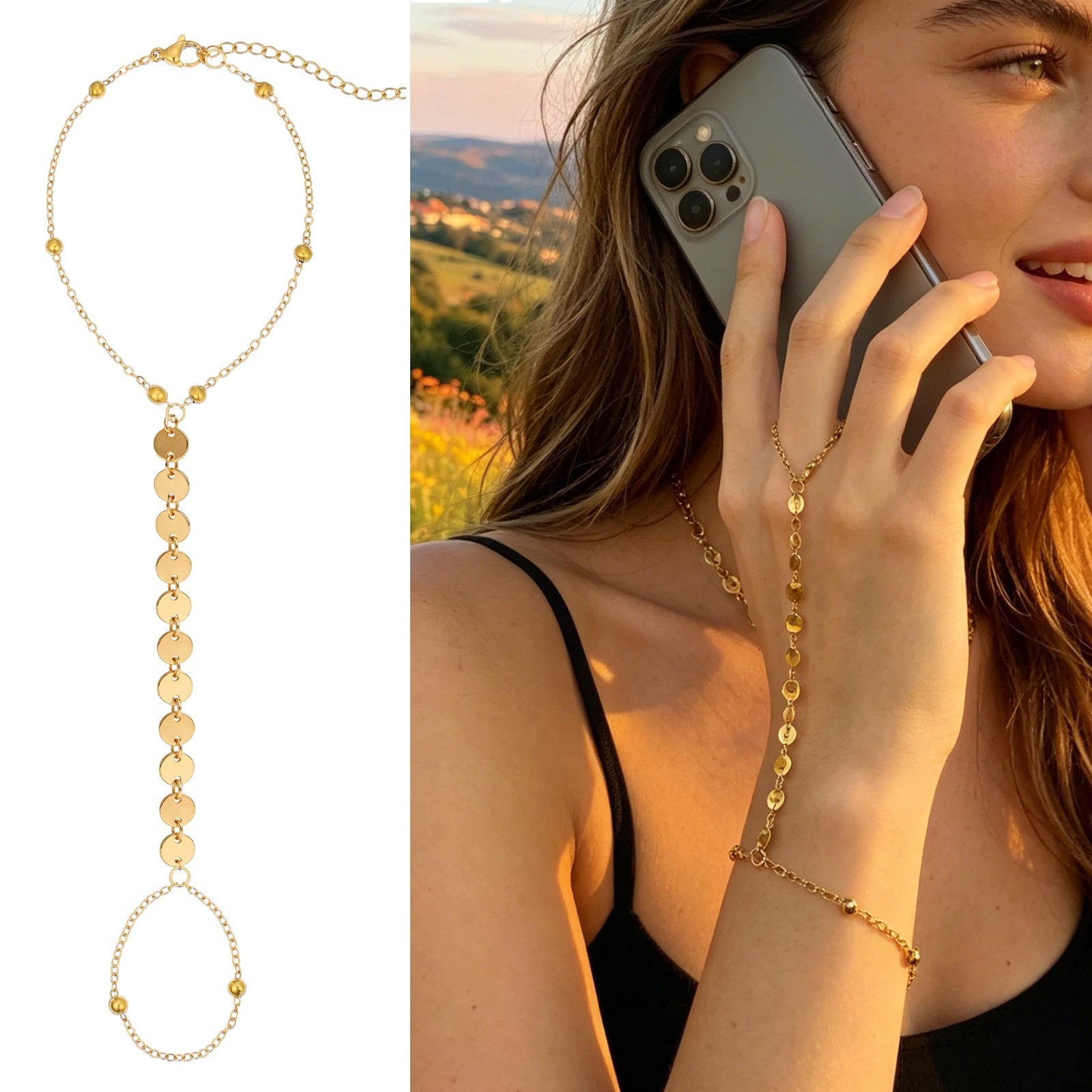 7Pcs Adjustable 14K Gold Plated Hand Chain Bracelets for Women, Stackable Dainty