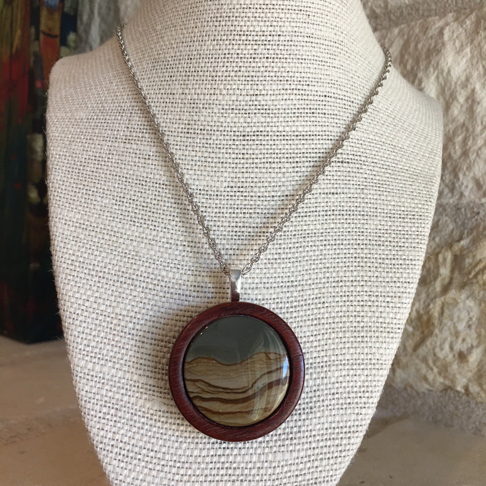 Wood Round Pendant w/ Silver Tone 19in. + 3in. extended Chain – Boho, Natural, 