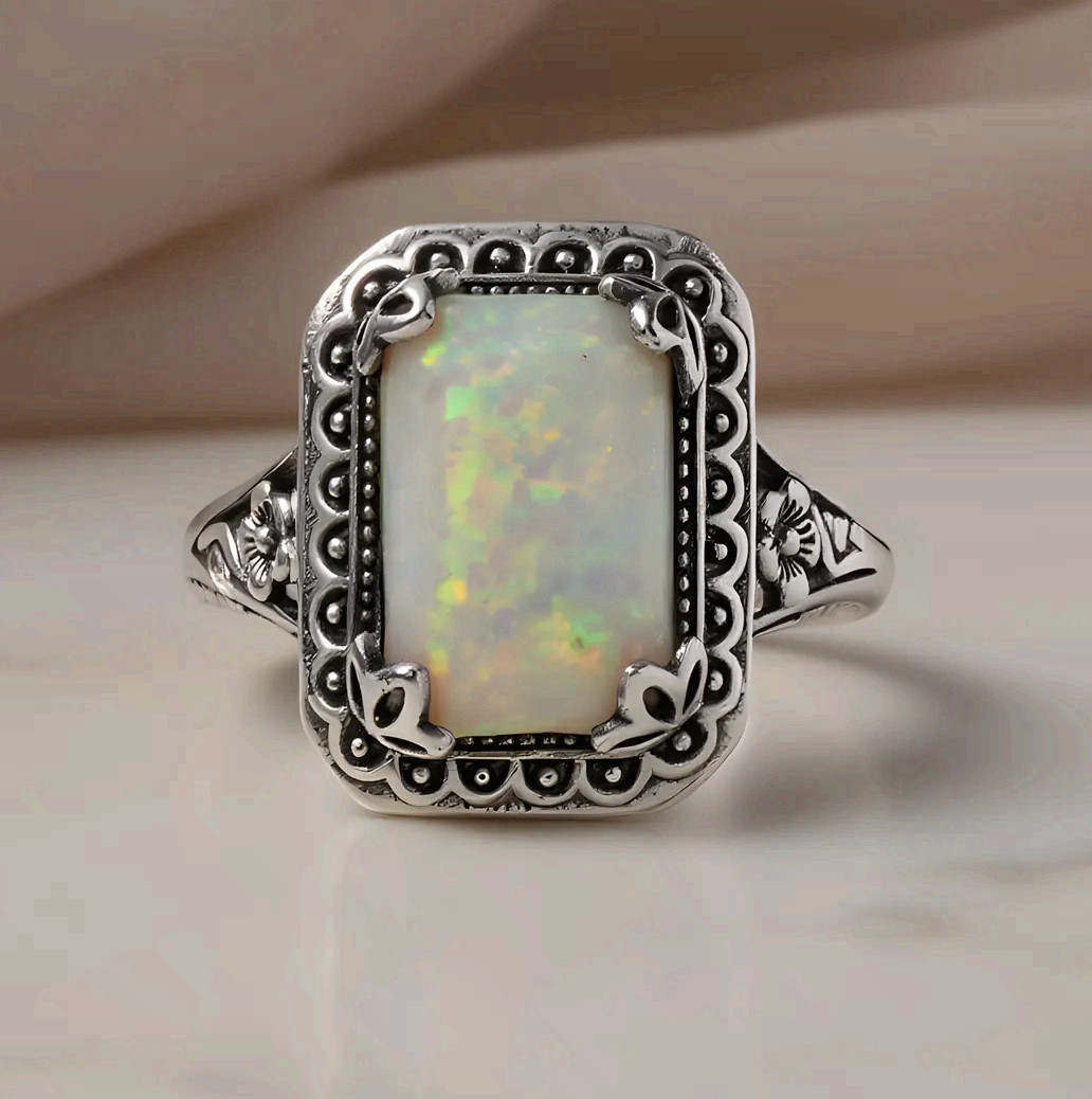 Opal Statement Ring Stainless Steel Rectangle White Green Fire Vintage Style
