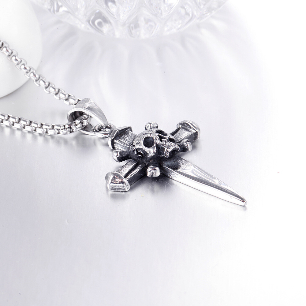 Men Silver Skull Cross Pendant Necklace Chain Gothic Punk Rock Jewelry Gift