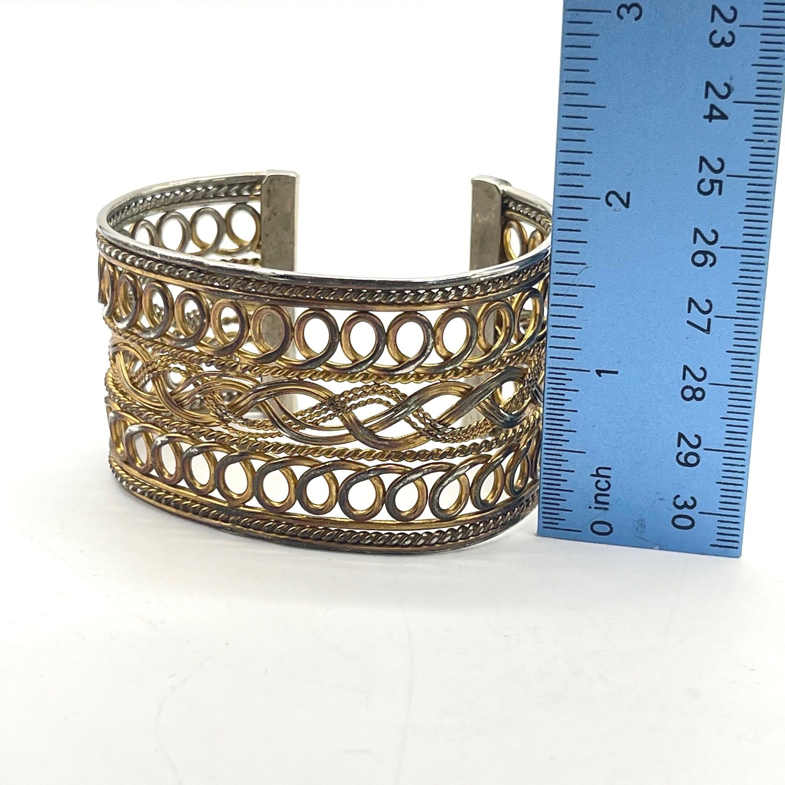 Mixed Metal Filigree Cuff Bracelet Two Tone Woven Braided Wide Statement Boho
