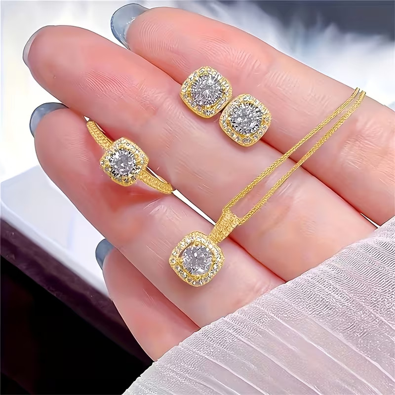 4PCS Cubic Zirconia Jewellery Set Necklace Earrings Ring Daily wear Wedding Gift