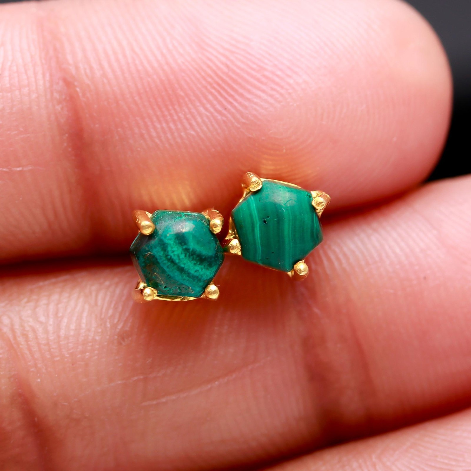 Natural Malachite Hexagon Stud Earrings Gold Plated 925 Sterling Silver Jewelry