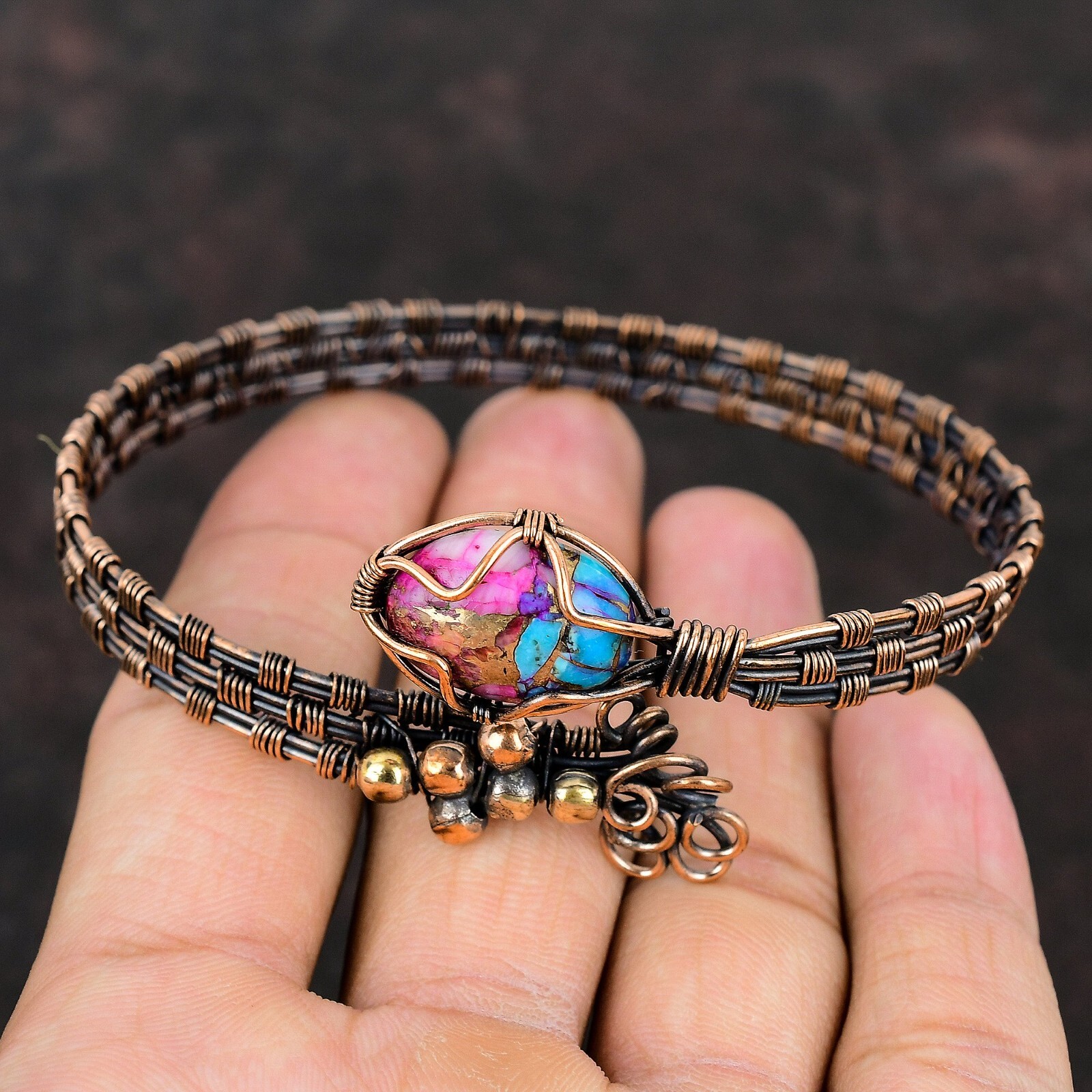 Kingman Pink Dahlia Turquoise Copper Gift For Mum Wire Wrap Adjustable Bangle